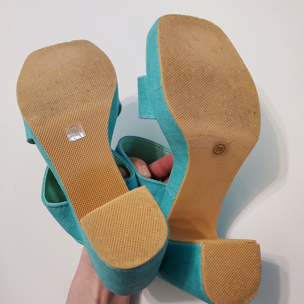 Beach By Matisse 7 Platform Heels Chunky Sandals Turquiose Canvas Square Shoes - Picture 9 of 12
